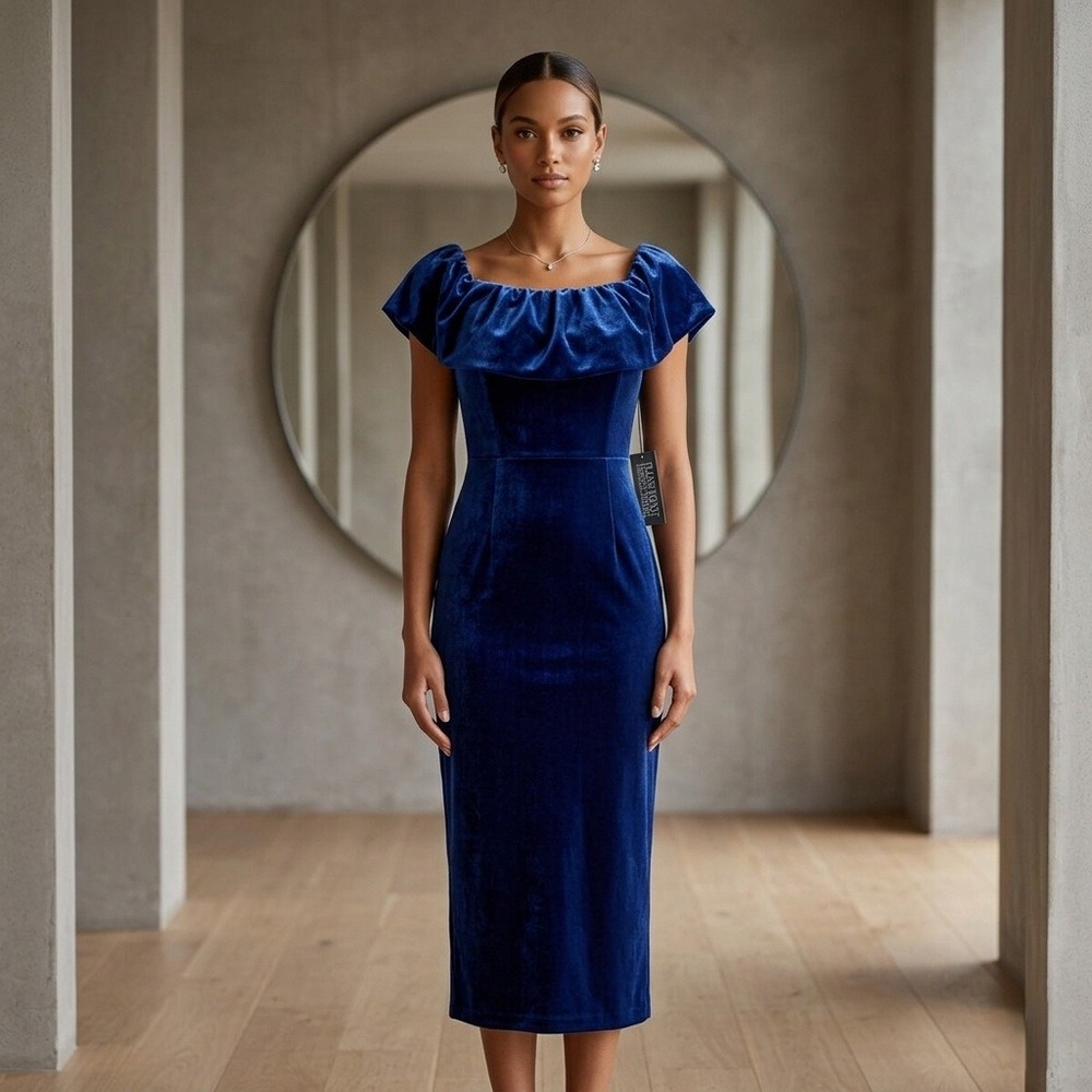 New York & Company‎ Off Shoulder Velvet Y2K Dress Evening Party Blue Size M NWT
